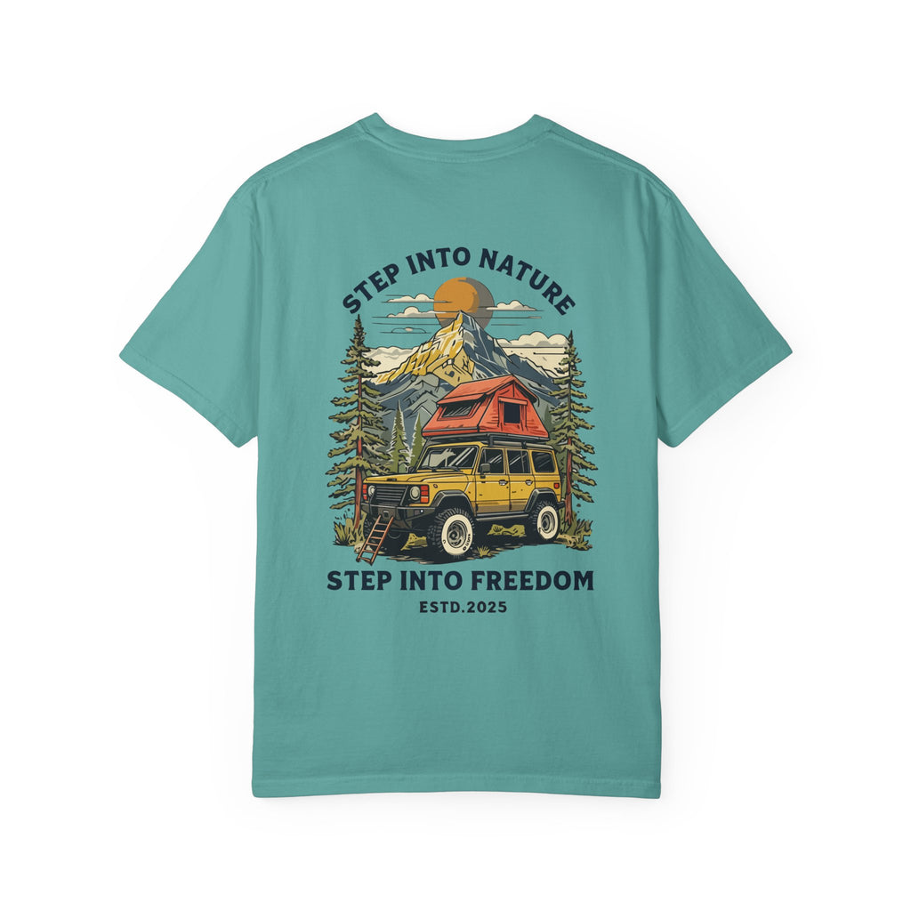 Adventure Tee — "Step Into Nature / Step Into Freedom" Graphic T-Shirt