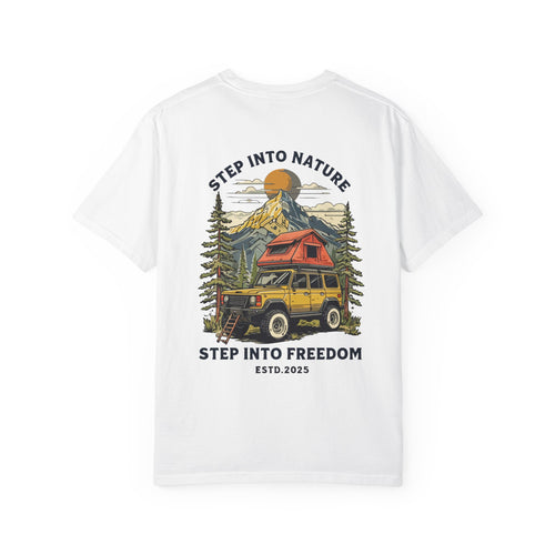 Adventure Tee — "Step Into Nature / Step Into Freedom" Graphic T-Shirt