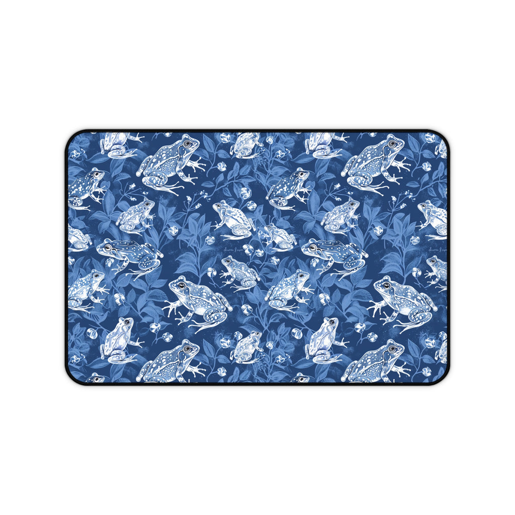 Blue Frog Pattern Desk Mat – Botanical Amphibian Mouse Pad for Desk