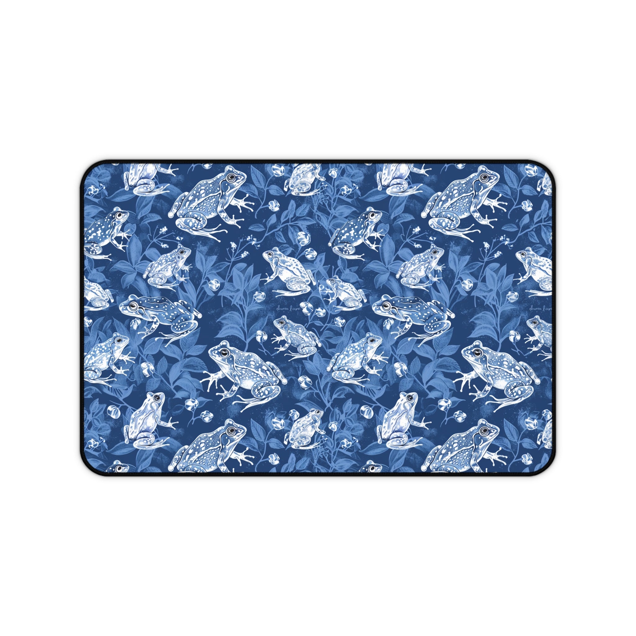 Blue Frog Pattern Desk Mat – Botanical Amphibian Mouse Pad for Desk