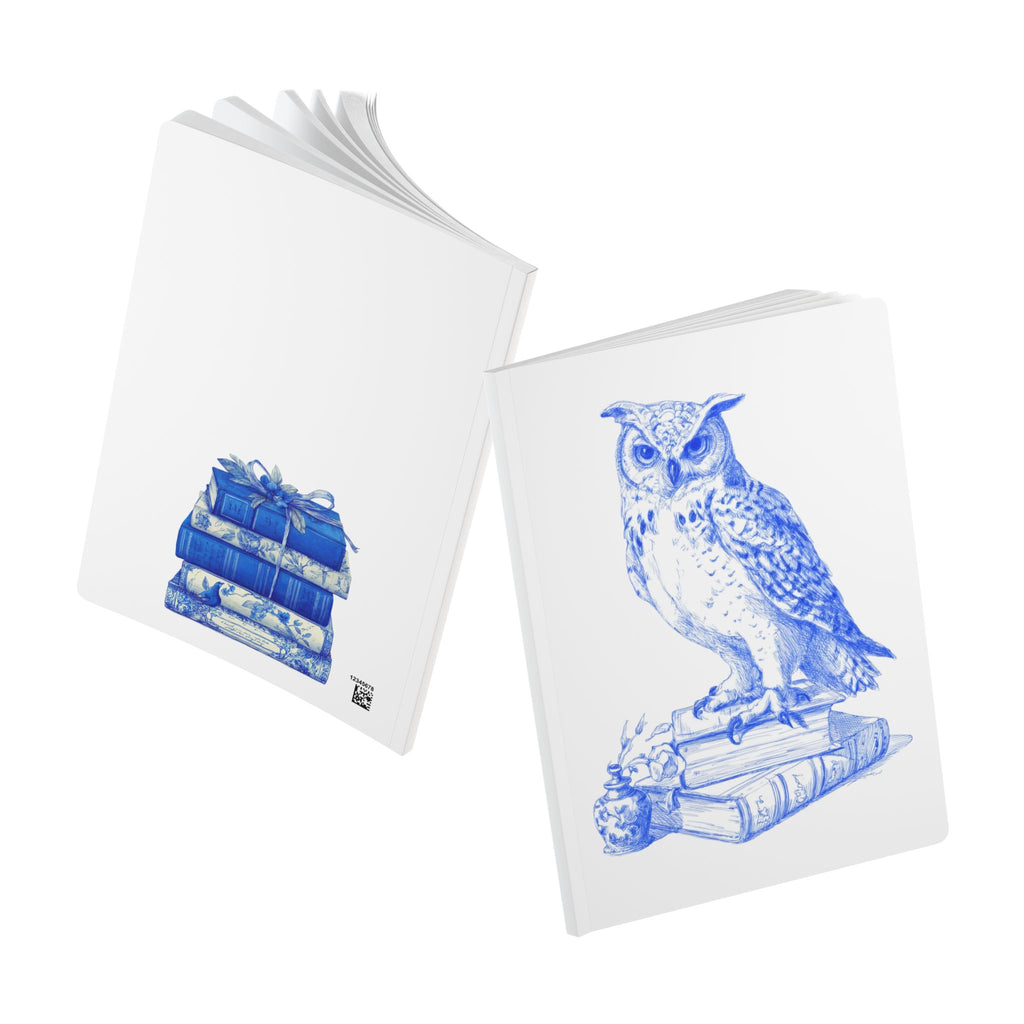 Blue Owl & Stacked Books Softcover Journal — Vintage Nature Sketch Notebook
