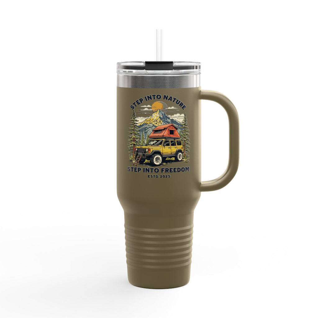 40oz Insulated Travel Mug — 'Step Into Nature, Step Into Freedom' Adventure Tumbler