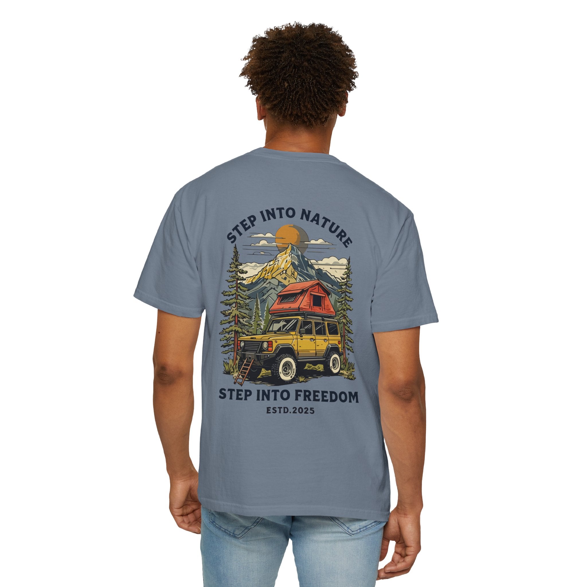 Adventure Tee — "Step Into Nature / Step Into Freedom" Graphic T-Shirt