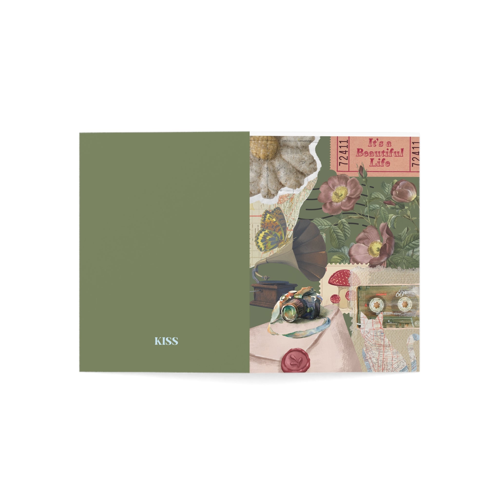 Greeting Card — Vintage Floral Collage with 'It's a Beautiful Life' & KISS