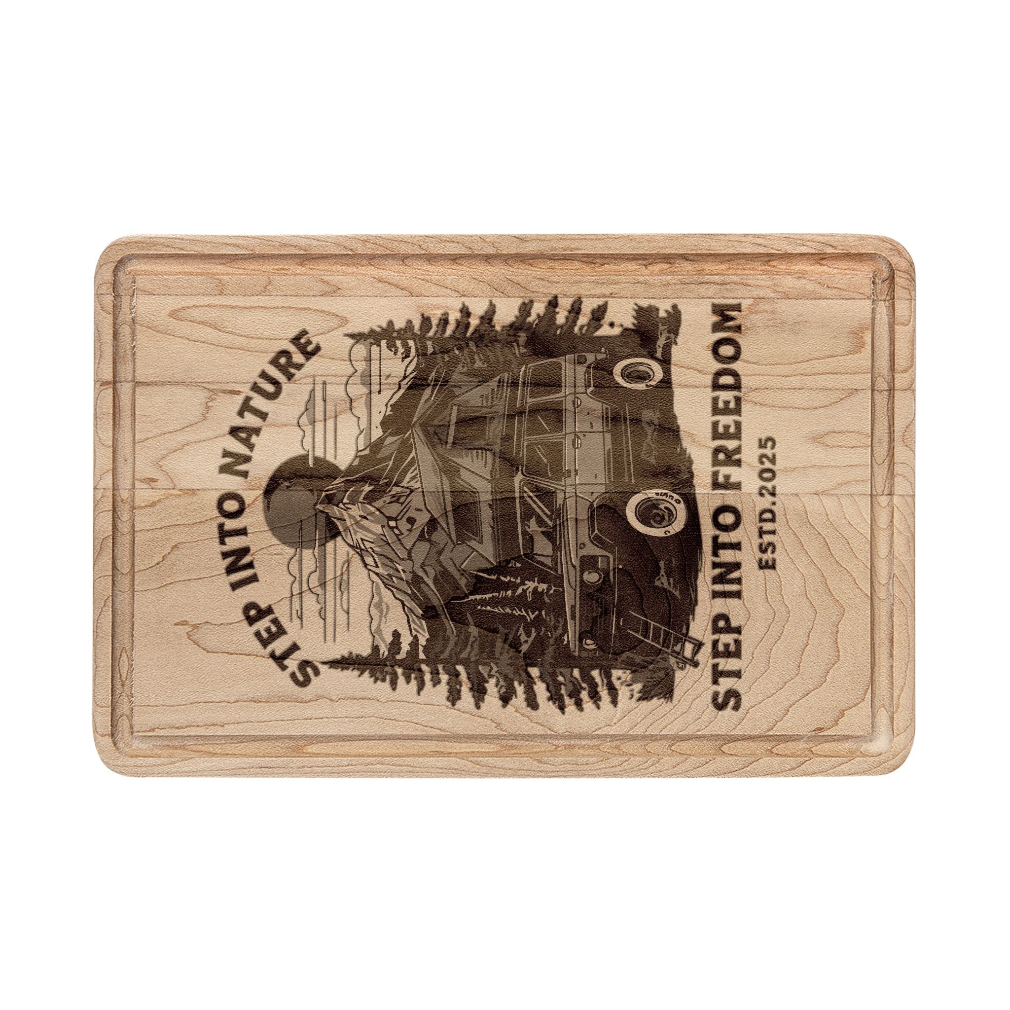 Engraved Wooden Cutting Board — 'Step Into Nature' Bear & Camper Design