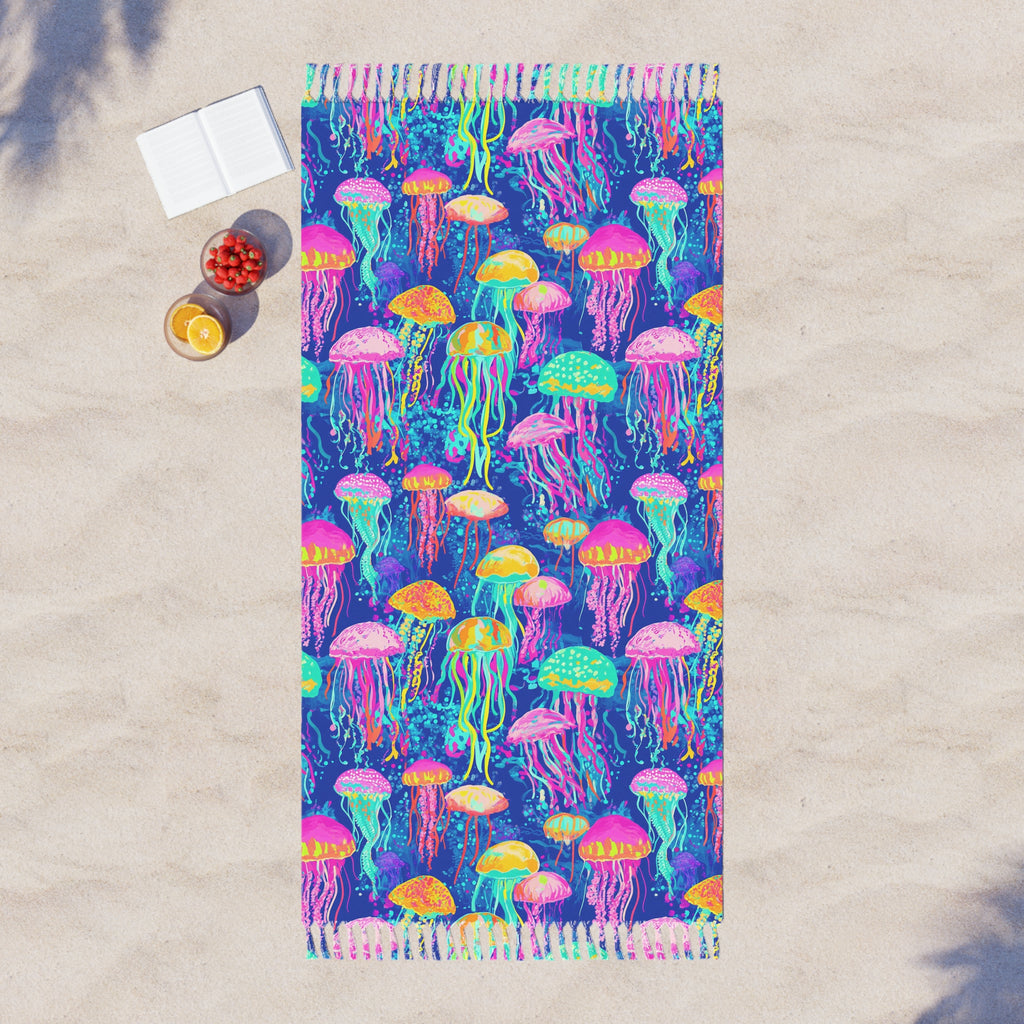Boho Jellyfish Beach Towel — Colorful Neon Ocean Fringe Towel