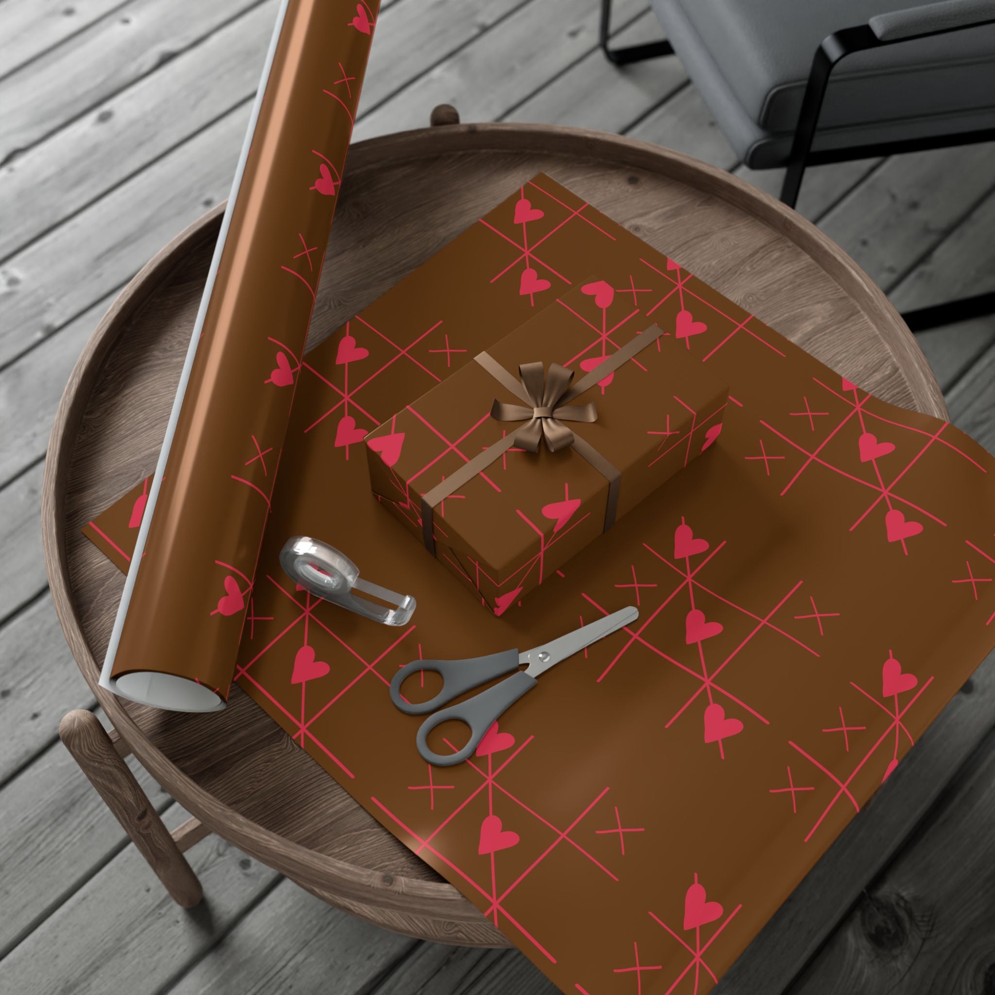 Valentine Chocolate Brown Heart & XO Gift Wrap Paper Roll