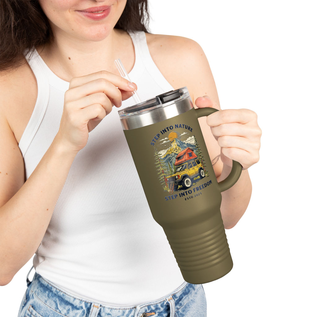40oz Insulated Travel Mug — 'Step Into Nature, Step Into Freedom' Adventure Tumbler