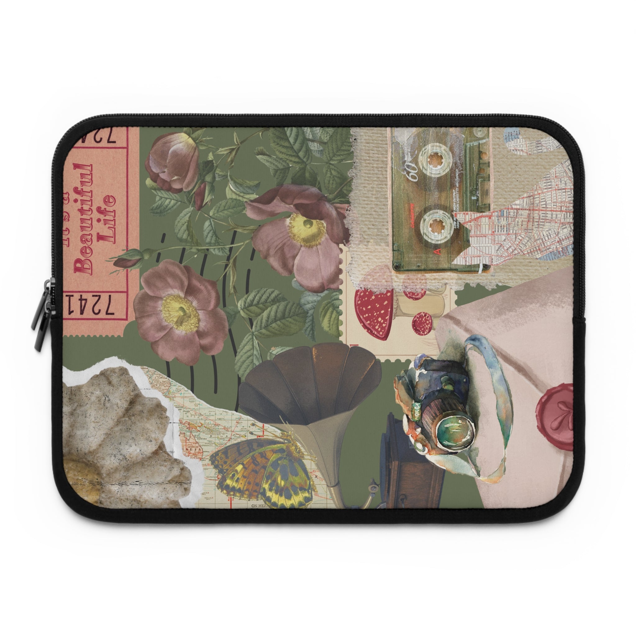 Vintage Collage Laptop Sleeve – Floral Tea & Travel Retro Design