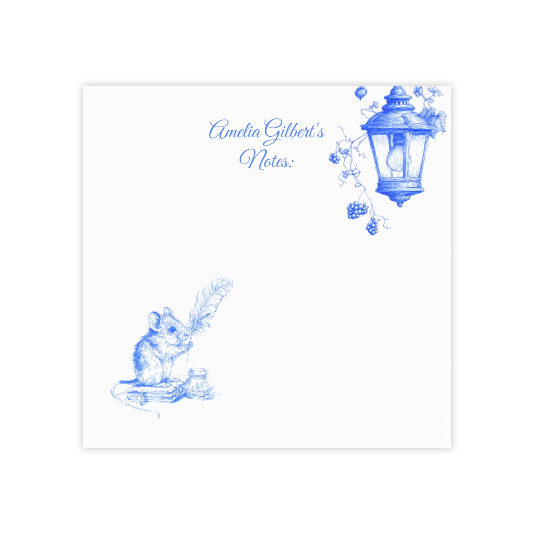 Personalized Post-it Note Pads — Blue Cottage Mouse & Lantern Notes (Custom Name)