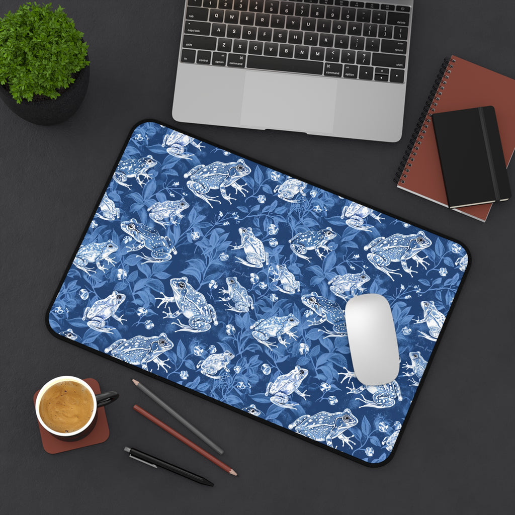 Blue Frog Pattern Desk Mat — Floral Amphibian Mouse Pad Desk Mat