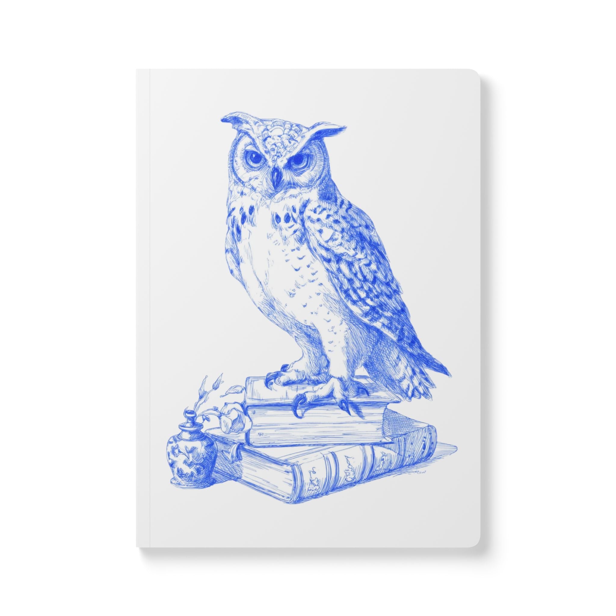 Blue Owl & Stacked Books Softcover Journal — Vintage Nature Sketch Notebook