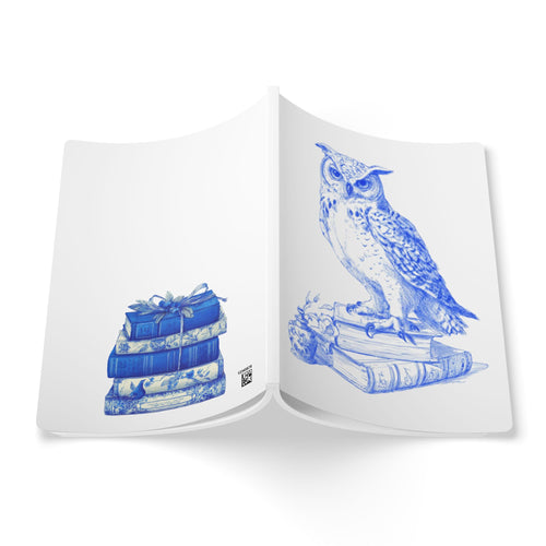 Blue Owl & Stacked Books Softcover Journal — Vintage Nature Sketch Notebook