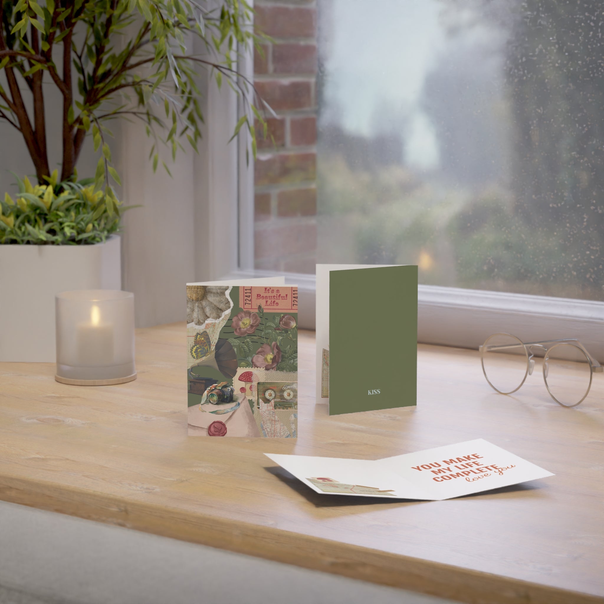 Greeting Card — Vintage Floral Collage with 'It's a Beautiful Life' & KISS