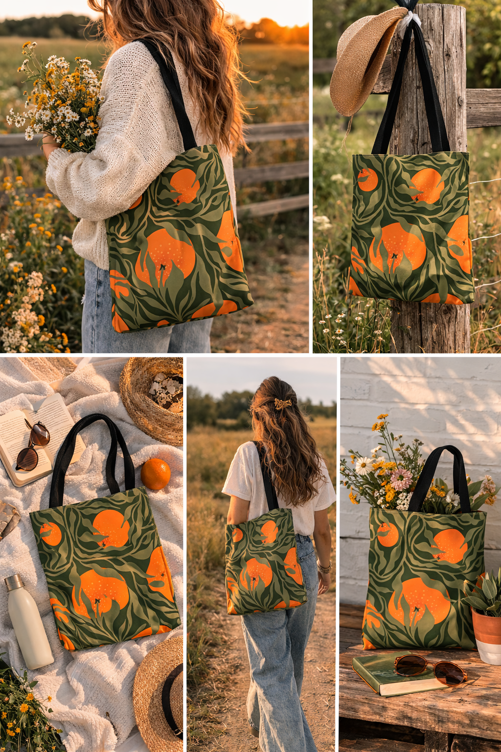 Orange Grove Tote Bag — Botanical Citrus Pattern All-Over Print