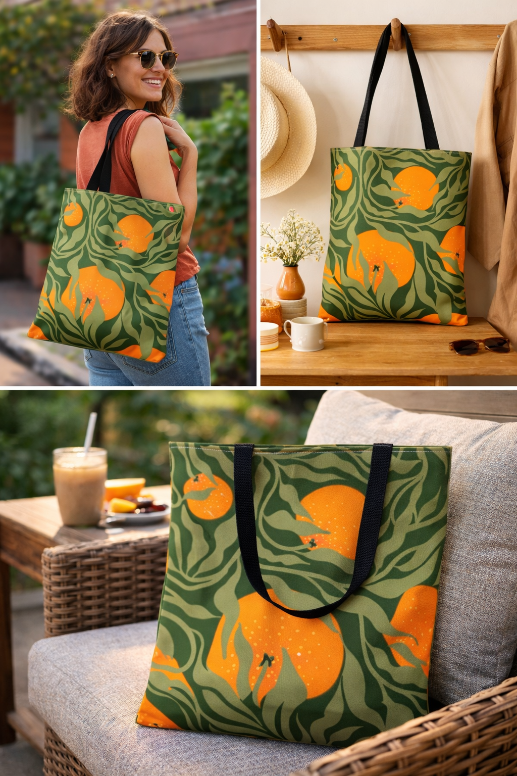 Orange Grove Tote Bag — Botanical Citrus Pattern All-Over Print