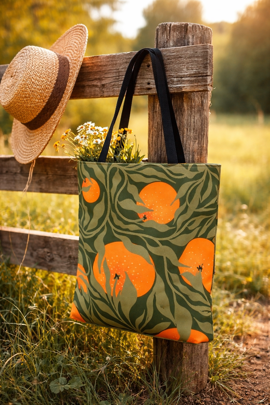 Orange Grove Tote Bag — Botanical Citrus Pattern All-Over Print