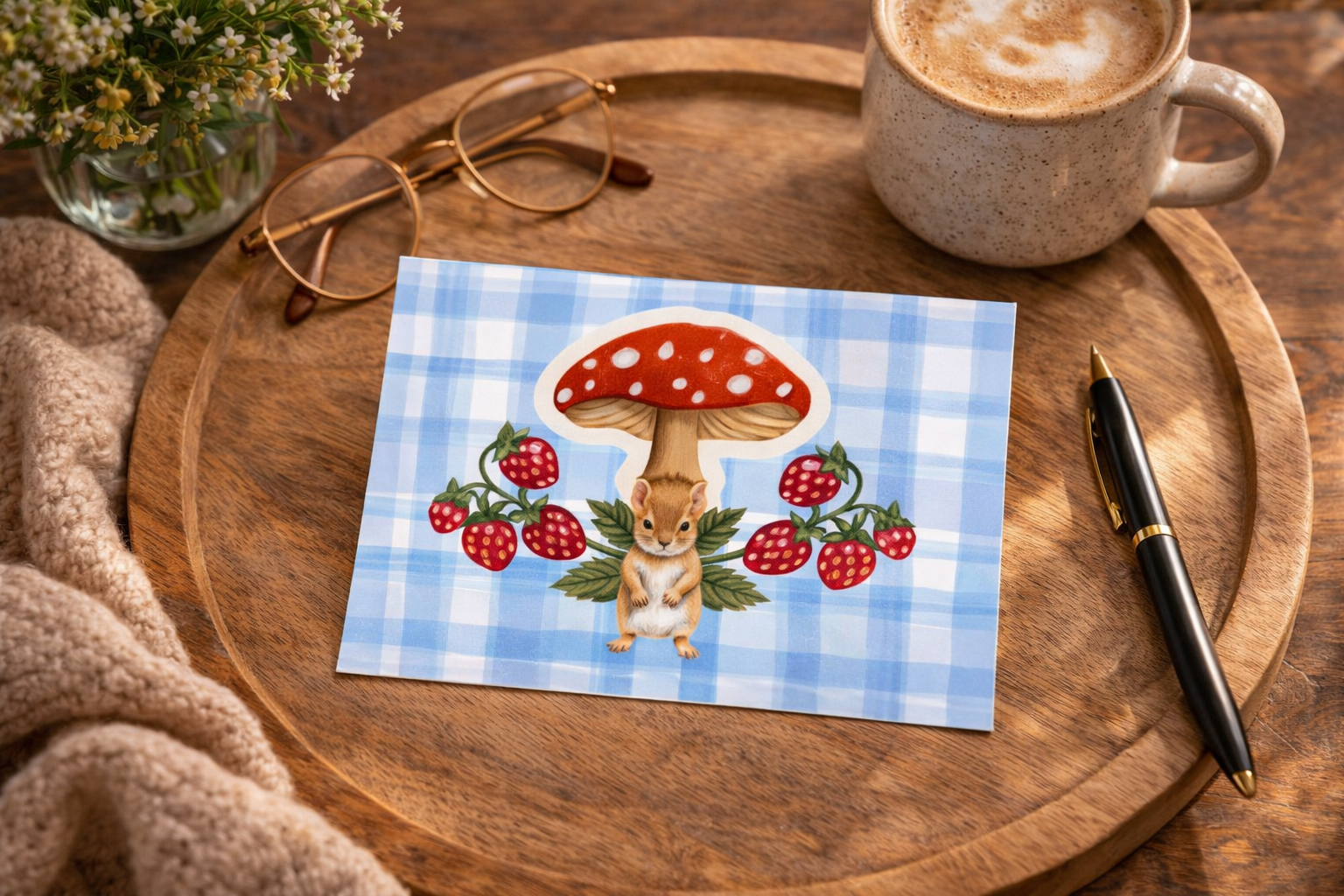 Cute Woodland Mushroom & Squirrel Postcard — Fine Art Greeting Card (Blue Gingham)