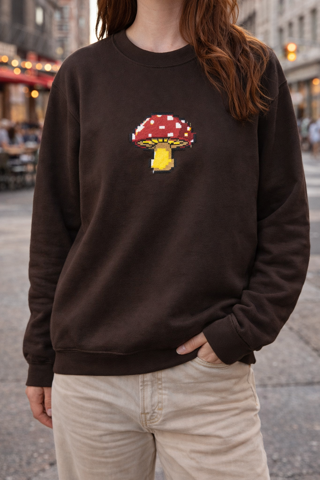 Pixel Mushroom Crewneck Sweatshirt — Cute Retro Gaming Mushroom Graphic