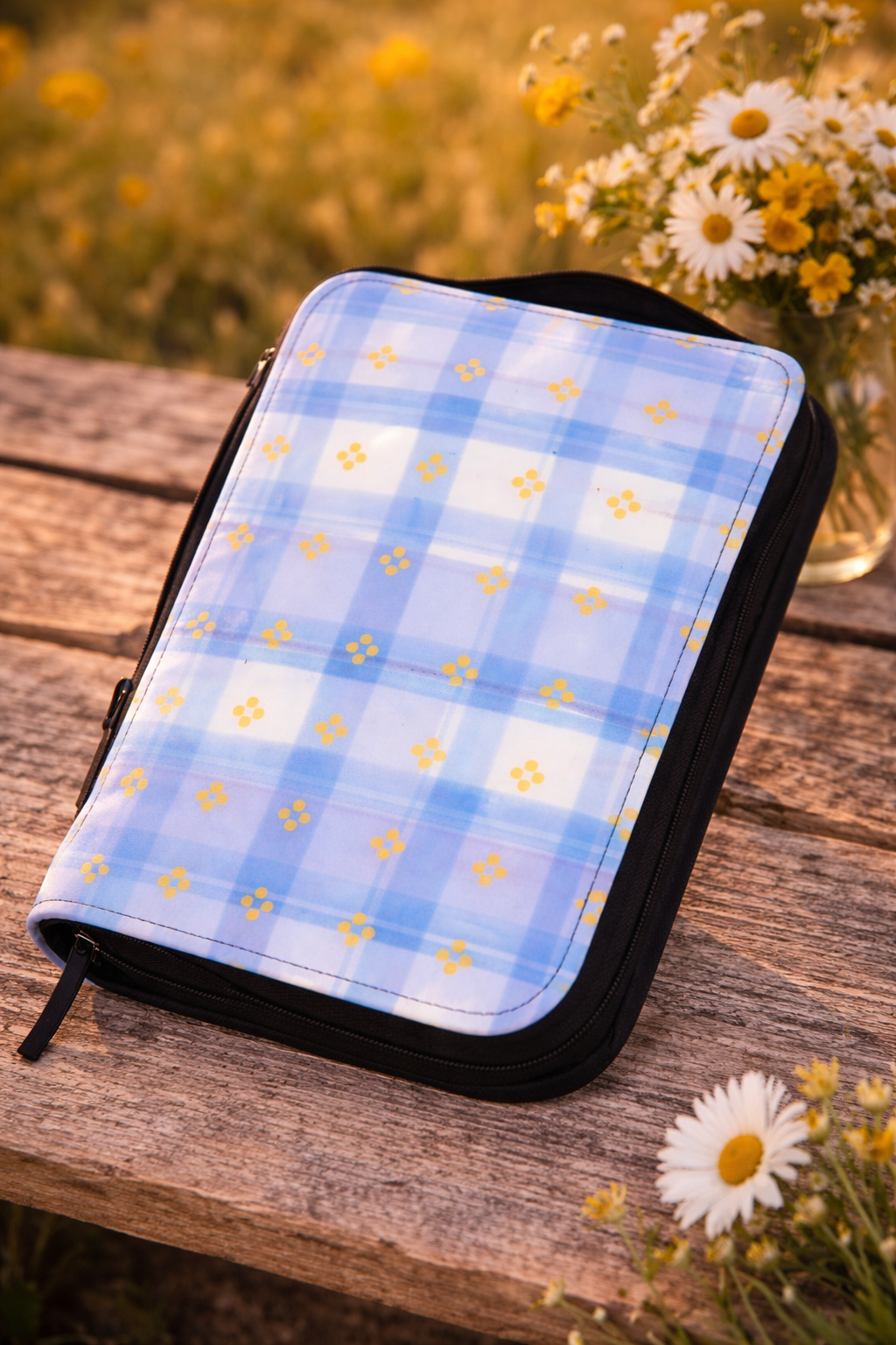 Bible Cover — Blue Plaid Zippered Bible Case with Gold Fleur Pattern