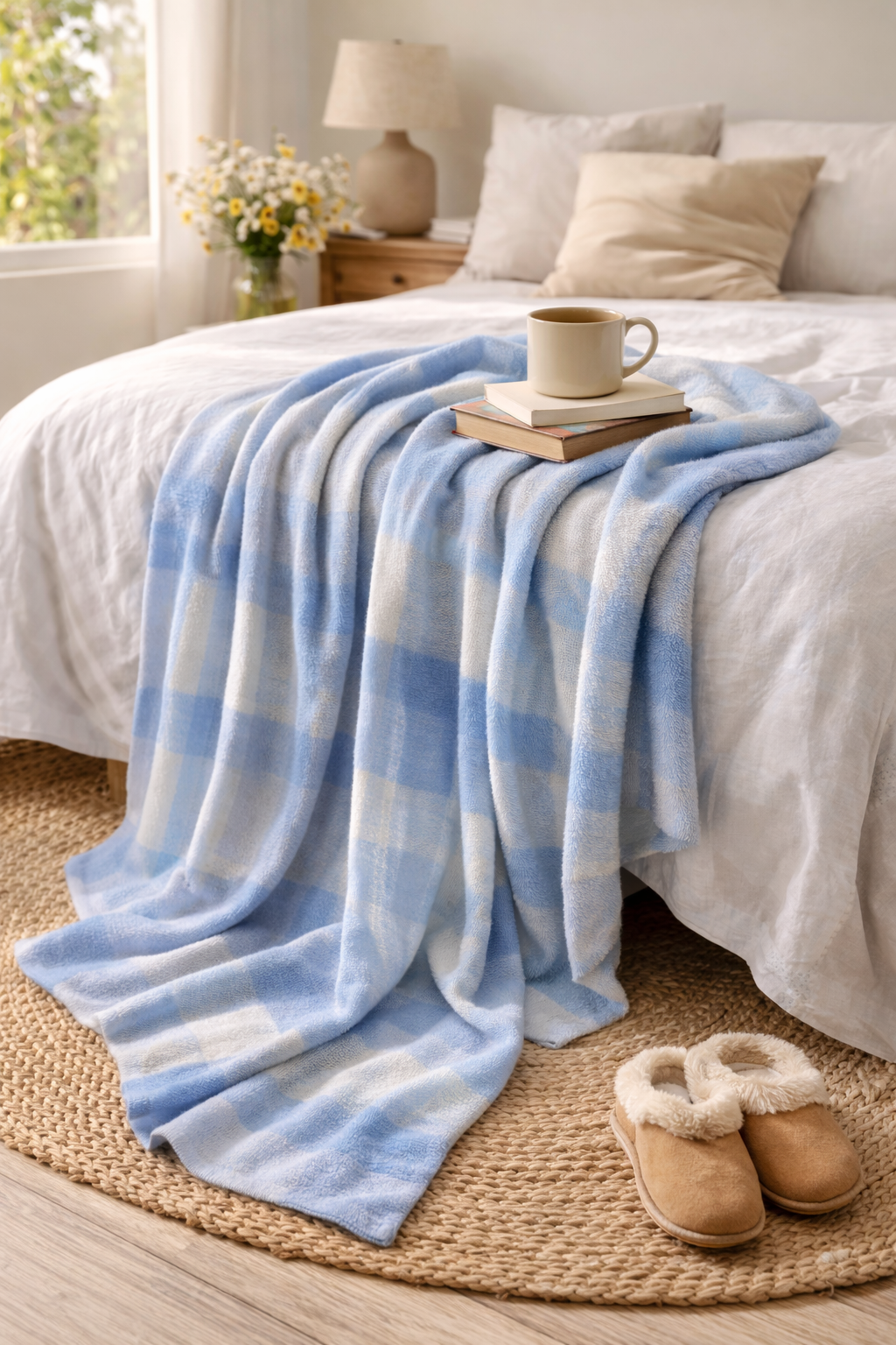 Blue Plaid Velveteen Microfiber Blanket — Soft Cozy Throw for Bedroom & Nursery