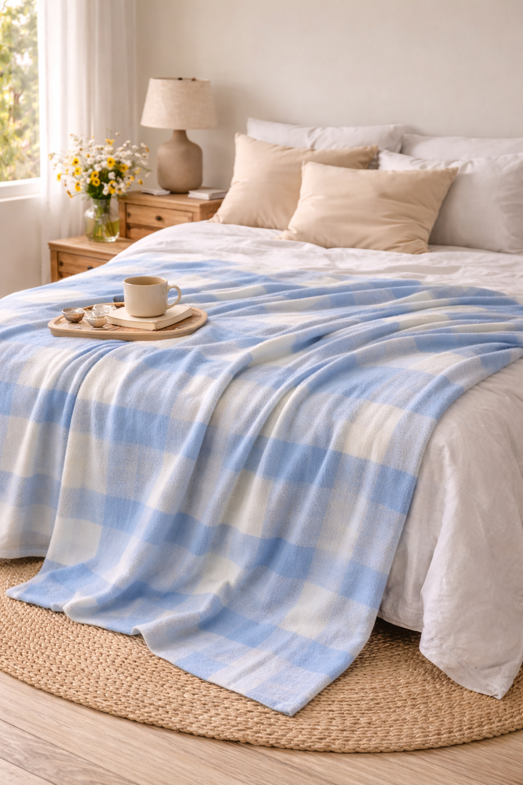 Blue Plaid Velveteen Microfiber Blanket — Soft Cozy Throw for Bedroom & Nursery