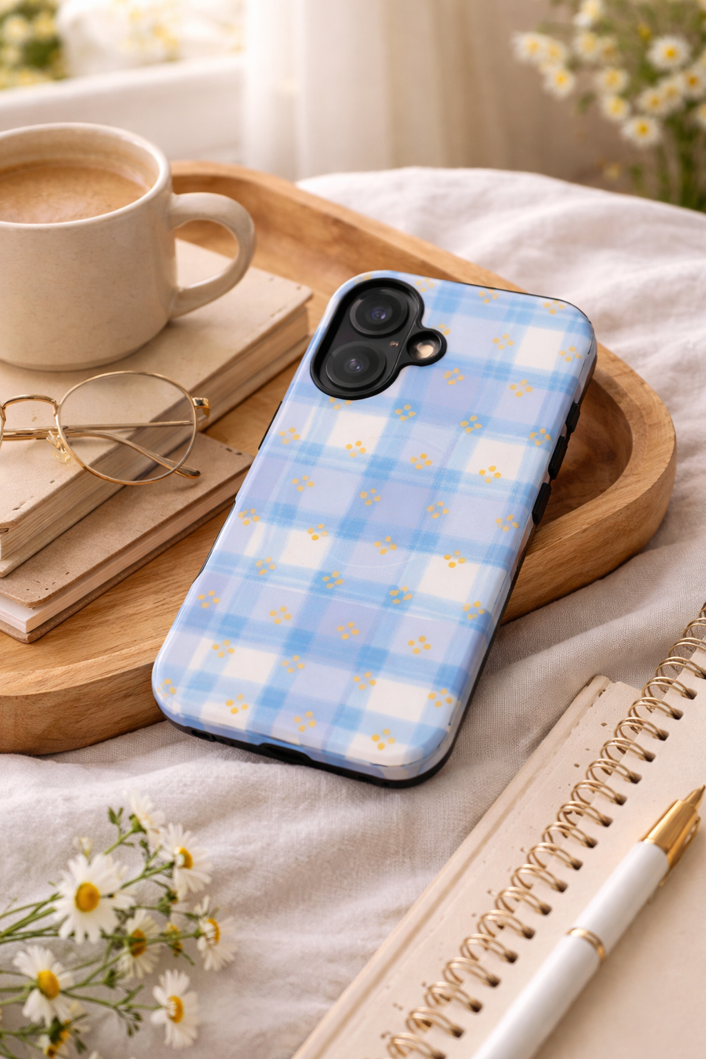 Blue Gingham Floral Tough Magnetic Phone Case — Durable Magnetic Snap Cover