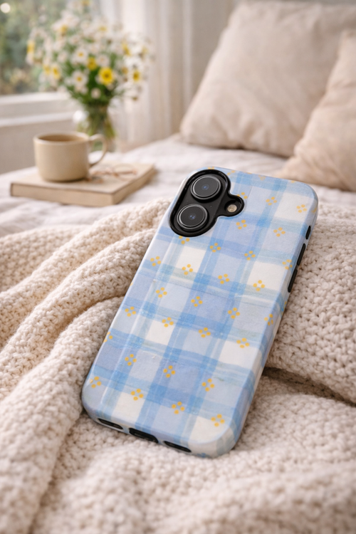 Blue Gingham Floral Tough Magnetic Phone Case — Durable Magnetic Snap Cover
