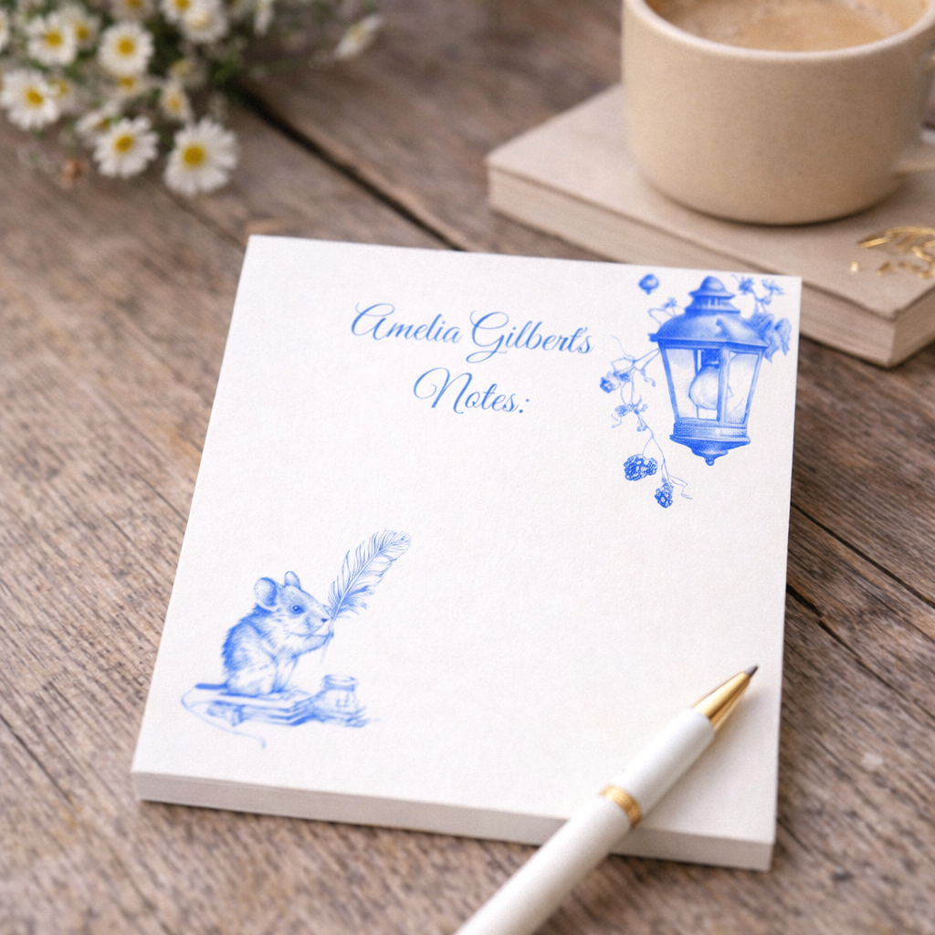 Personalized Blue Vintage Lantern & Mouse Post-it Note Pad — "Amelia Gilbert's Notes"