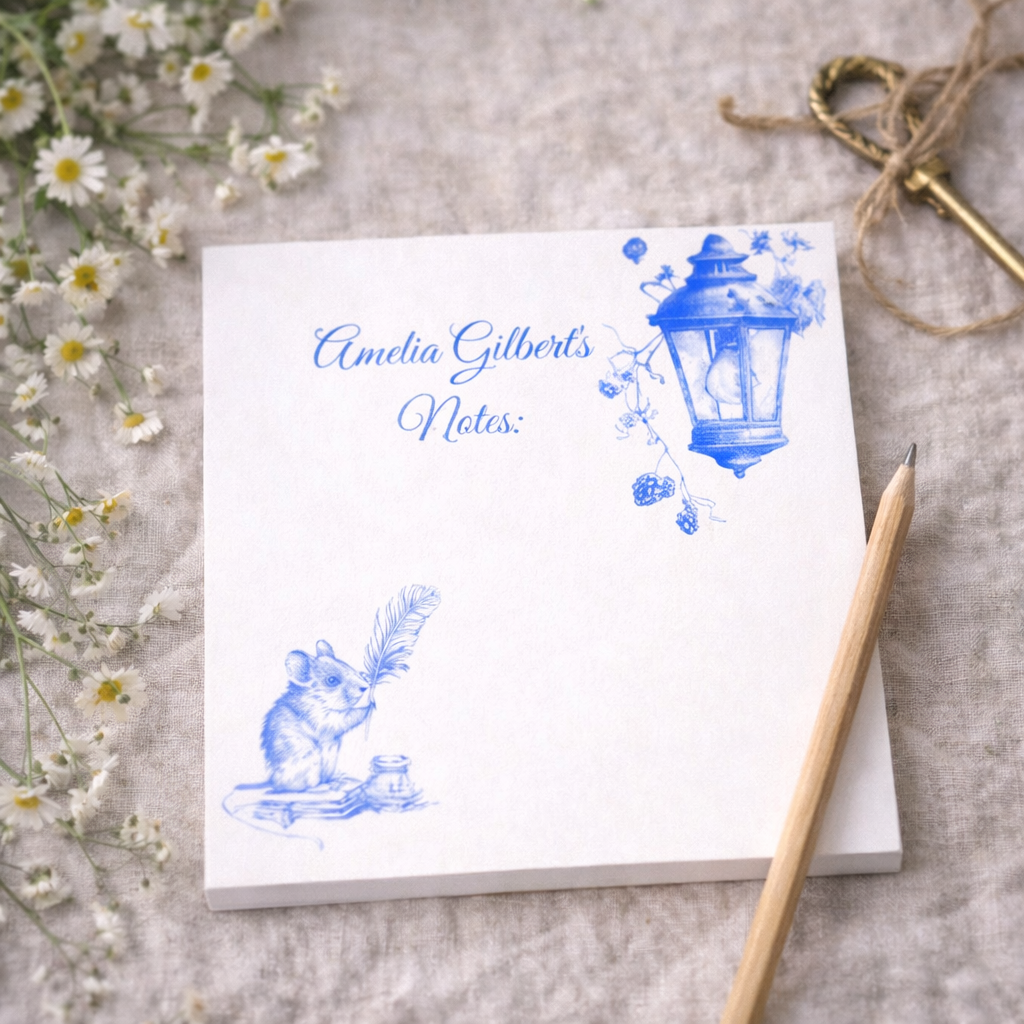 Personalized Blue Vintage Lantern & Mouse Post-it Note Pad — "Amelia Gilbert's Notes"