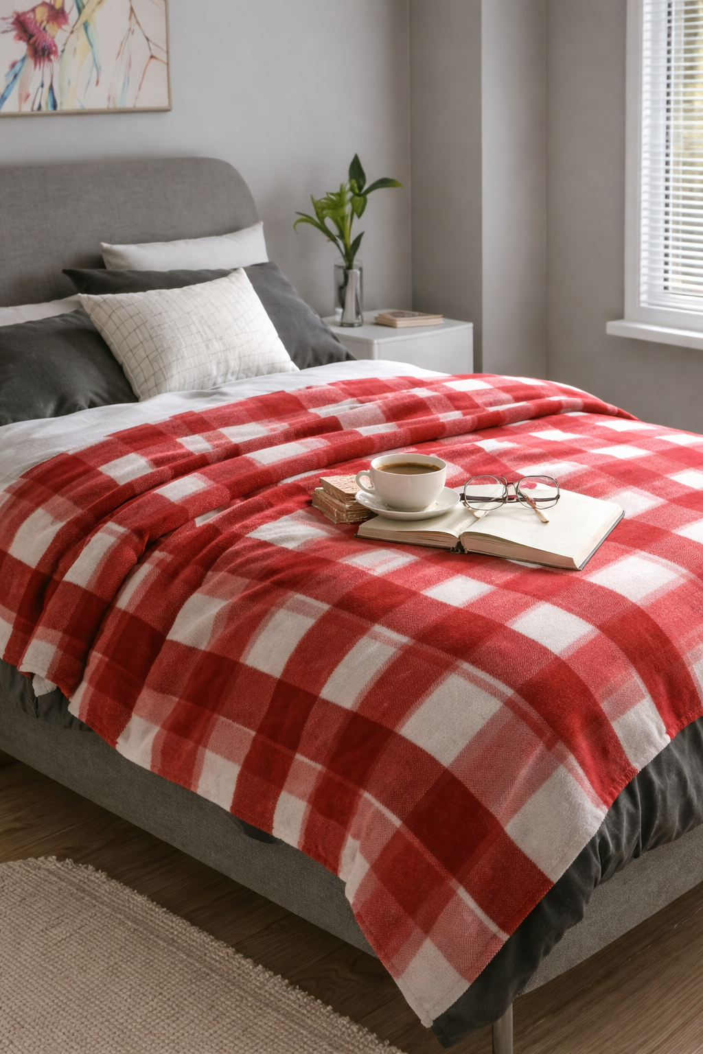 Red Plaid Velveteen Blanket — Cozy Microfiber Throw for Holiday & Home