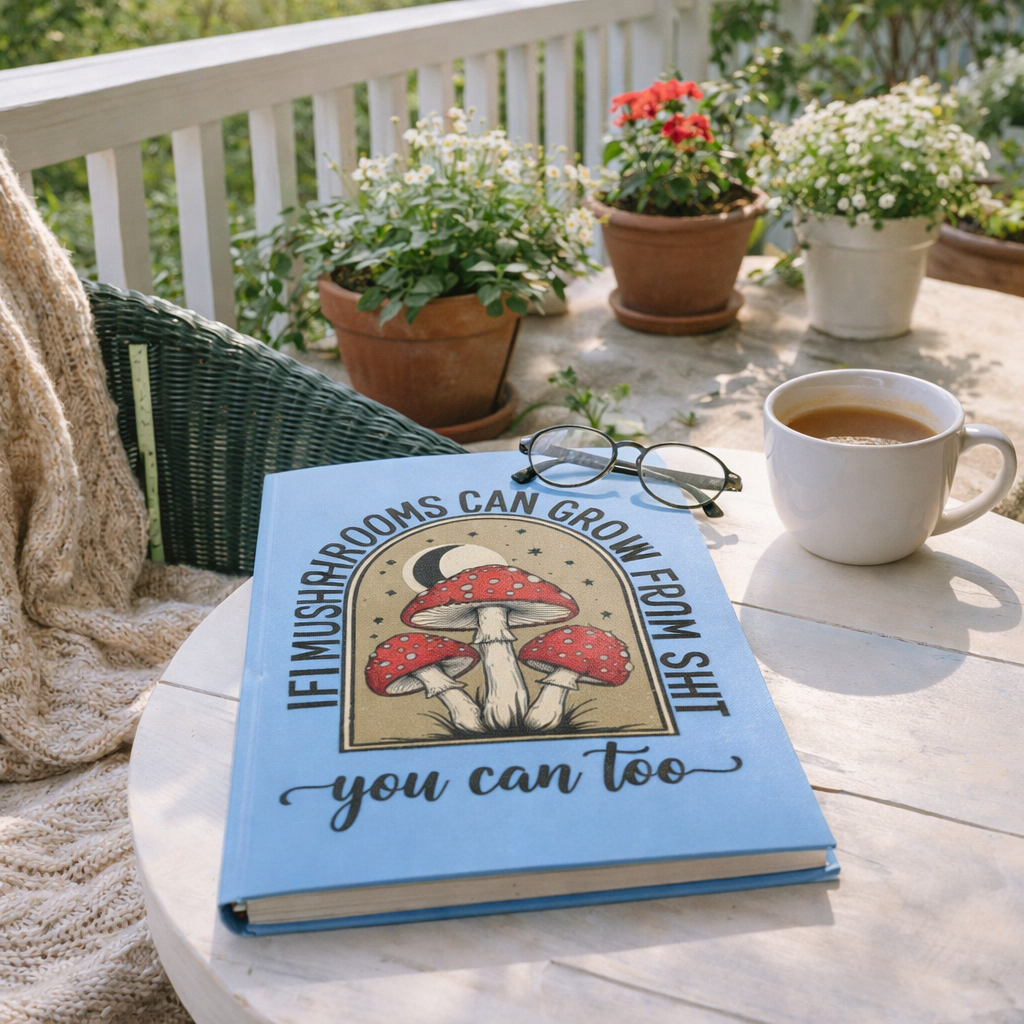 Hardcover Notebook — “If Mushrooms Can Grow From Shit, You Can Too” Inspirational Mushroom Journal