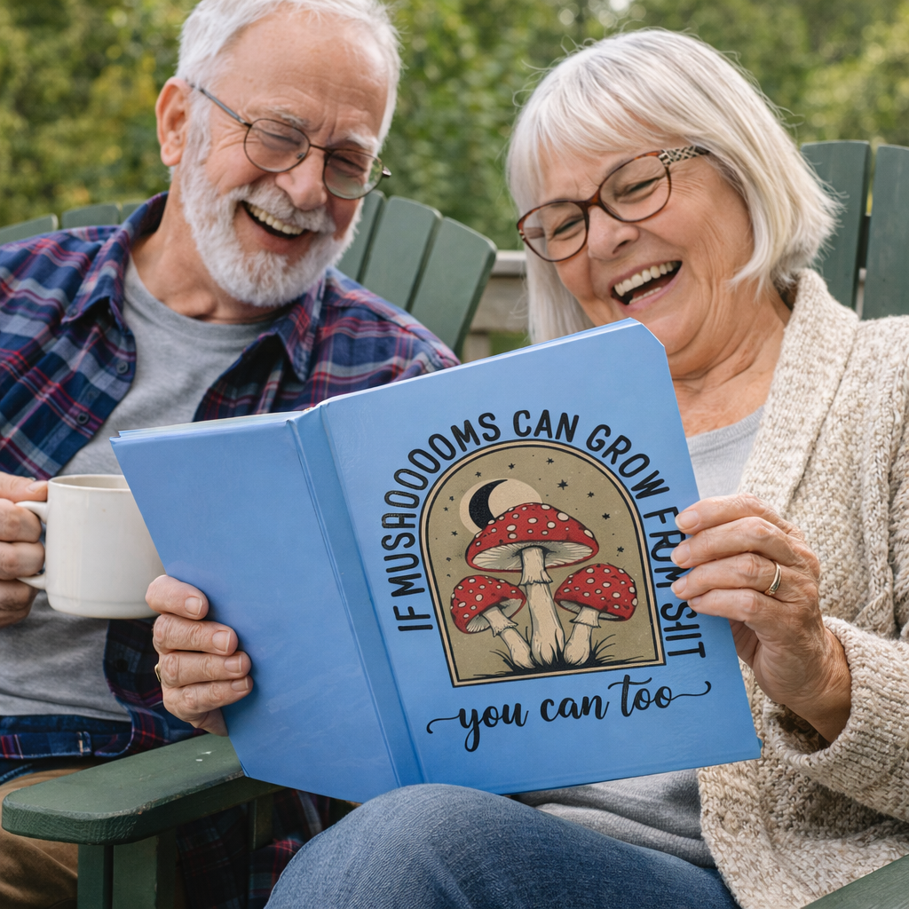 Hardcover Notebook — “If Mushrooms Can Grow From Shit, You Can Too” Inspirational Mushroom Journal