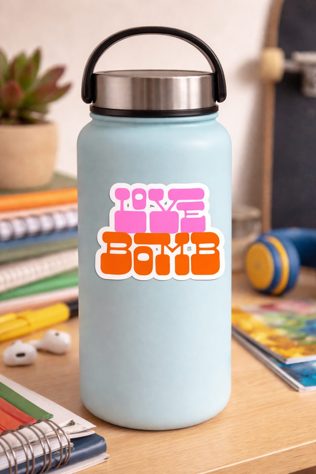Sticker — 'Love Me Bomb' Retro Pink & Orange Kiss-Cut Laptop Sticker