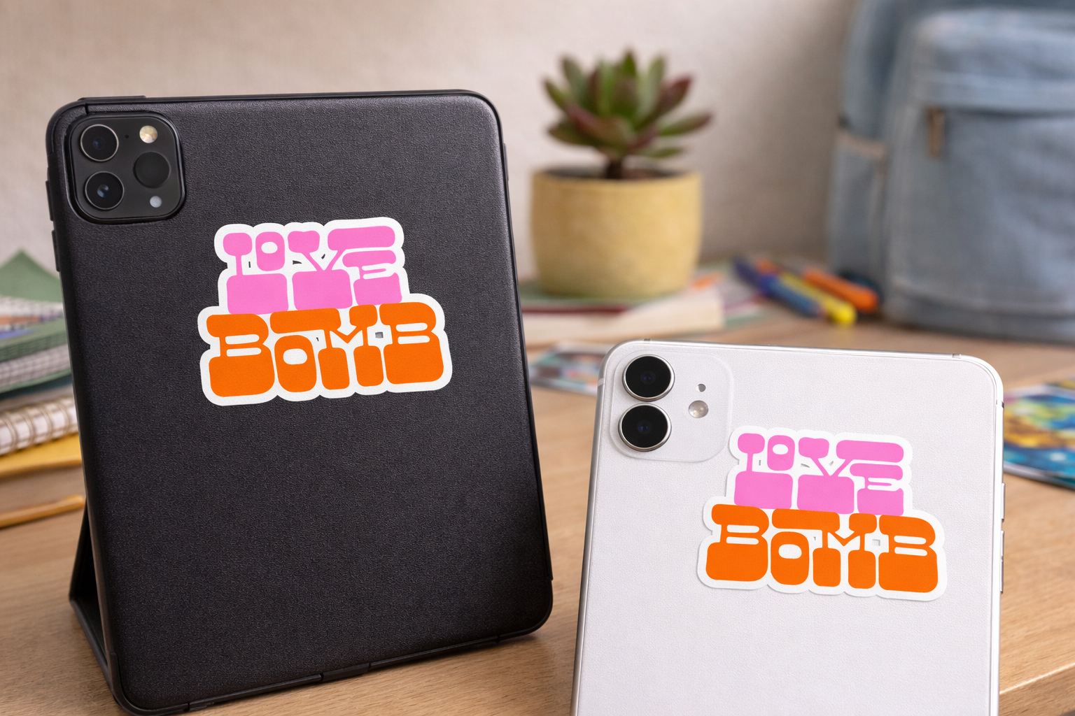 Sticker — 'Love Me Bomb' Retro Pink & Orange Kiss-Cut Laptop Sticker