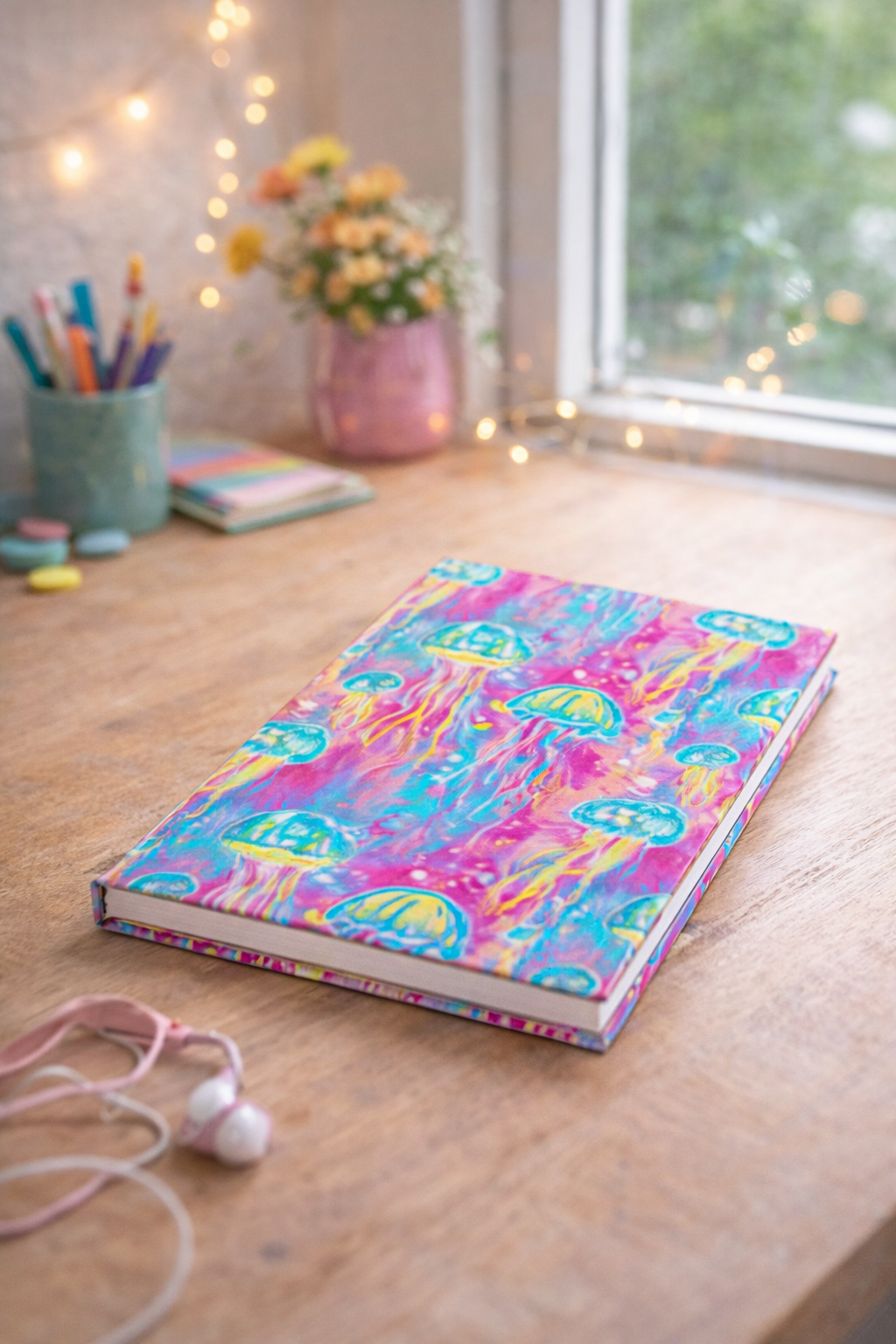 Jellyfish Dream Journal — Ruled Lined Notebook with Vibrant Neon Ocean Art