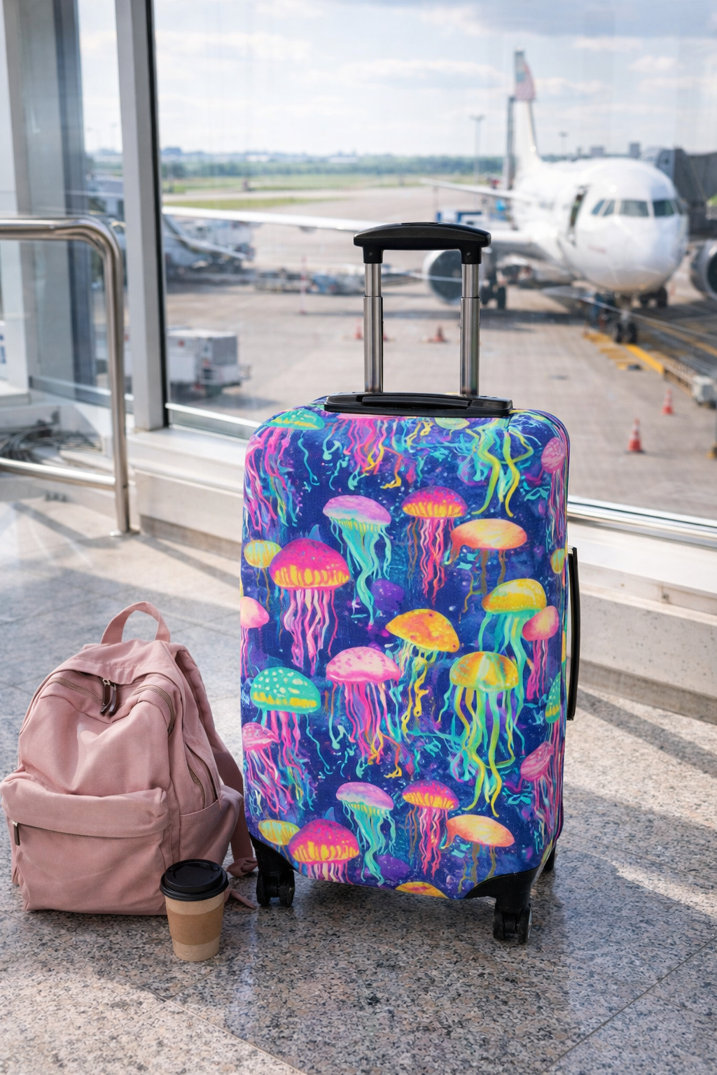 Neon Jellyfish Luggage Cover — Vibrant Ocean Travel Protector
