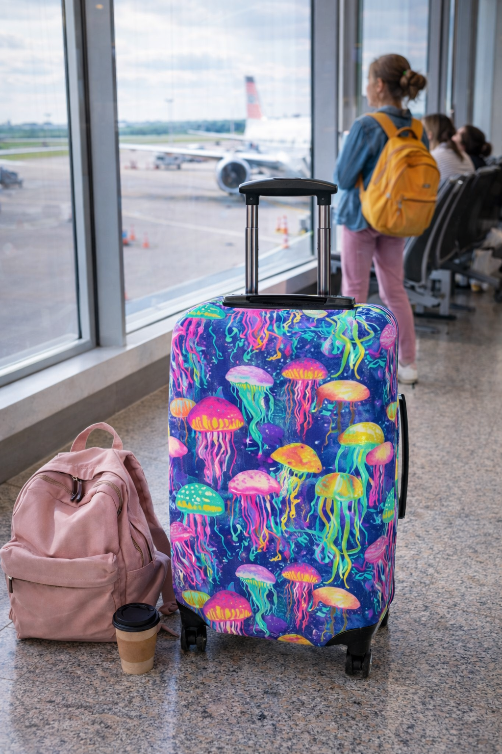 Neon Jellyfish Luggage Cover — Vibrant Ocean Travel Protector