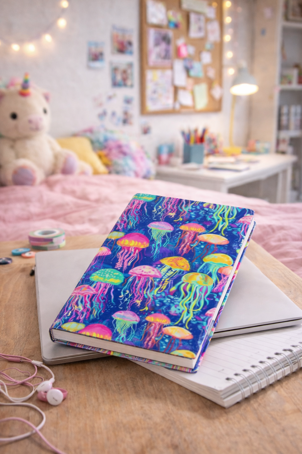 Jellyfish Hardcover Journal — Neon Ocean Notebook for Notes, Drawing & Travel