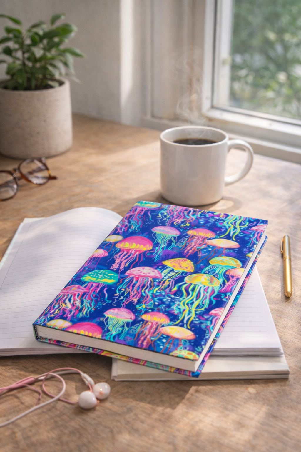 Jellyfish Hardcover Journal — Neon Ocean Notebook for Notes, Drawing & Travel