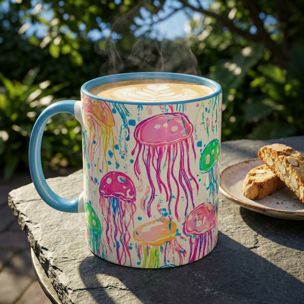 Jellyfish Watercolor Accent Coffee Mug (11/15oz) — Colorful Ocean Art