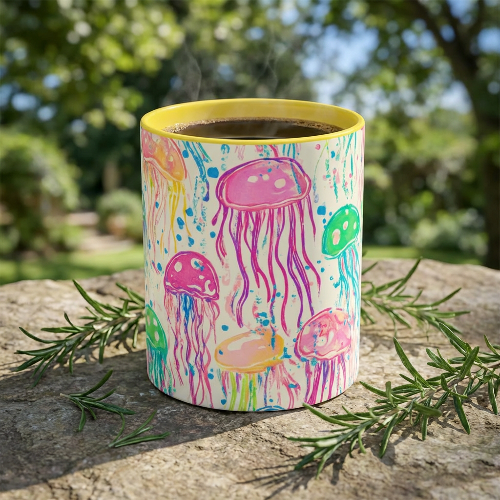 Jellyfish Watercolor Accent Coffee Mug (11/15oz) — Colorful Ocean Art