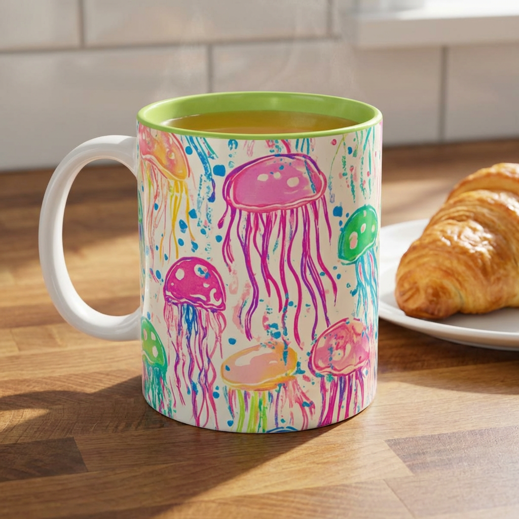 Jellyfish Watercolor Accent Coffee Mug (11/15oz) — Colorful Ocean Art