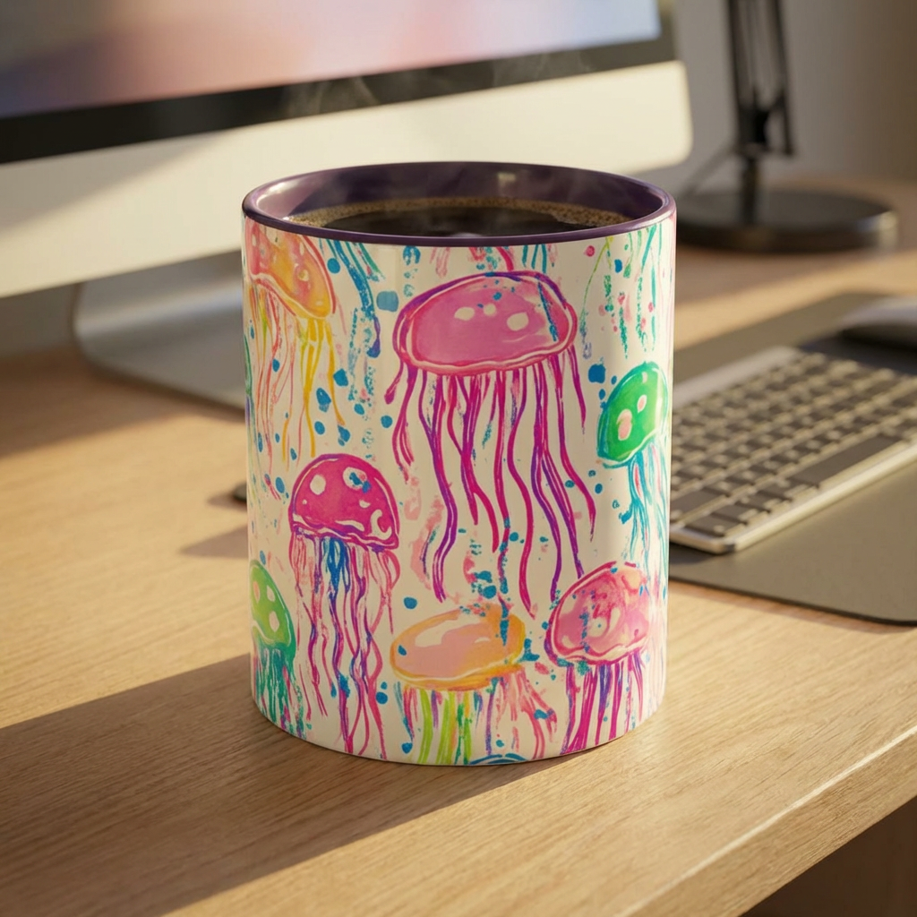 Jellyfish Watercolor Accent Coffee Mug (11/15oz) — Colorful Ocean Art