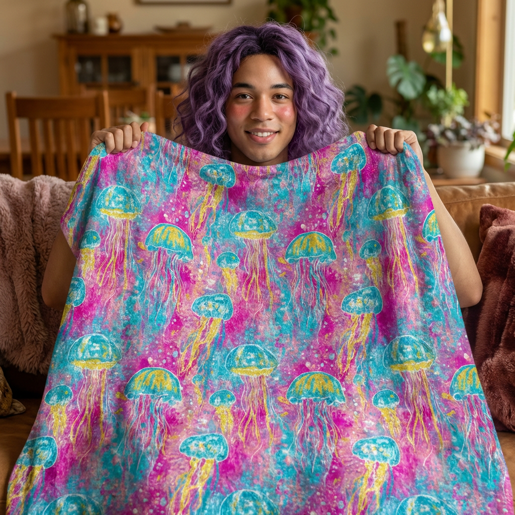 Crushed Velvet Blanket — Vibrant Jellyfish Ocean Throw Blanket
