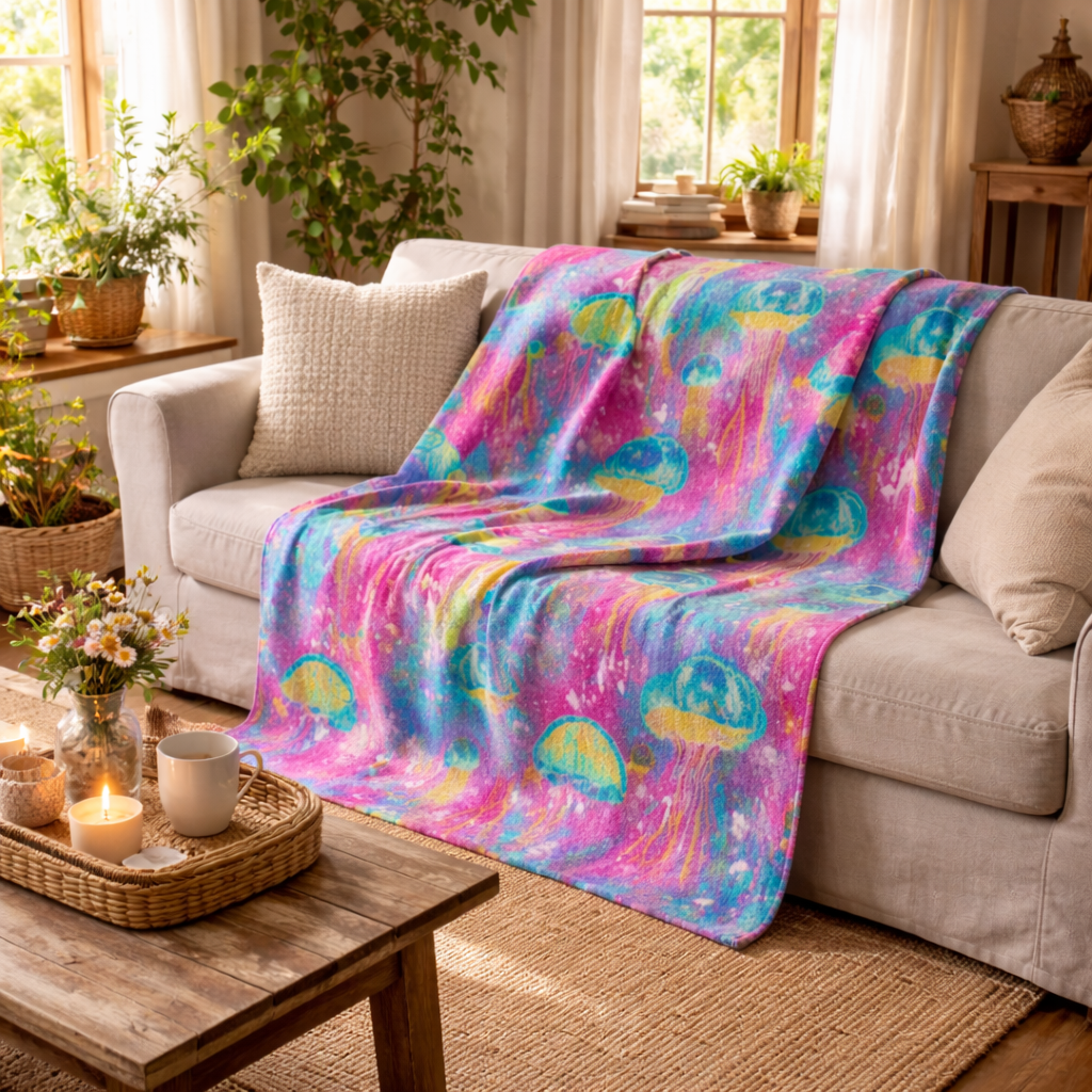 Crushed Velvet Blanket — Vibrant Jellyfish Ocean Throw Blanket