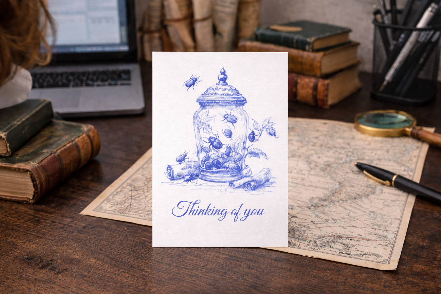 Thinking of You Postcard Set — Blue Botanical Jar Illustration (7 pcs)