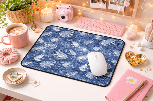 Blue Frog Pattern Desk Mat — Floral Amphibian Mouse Pad Desk Mat