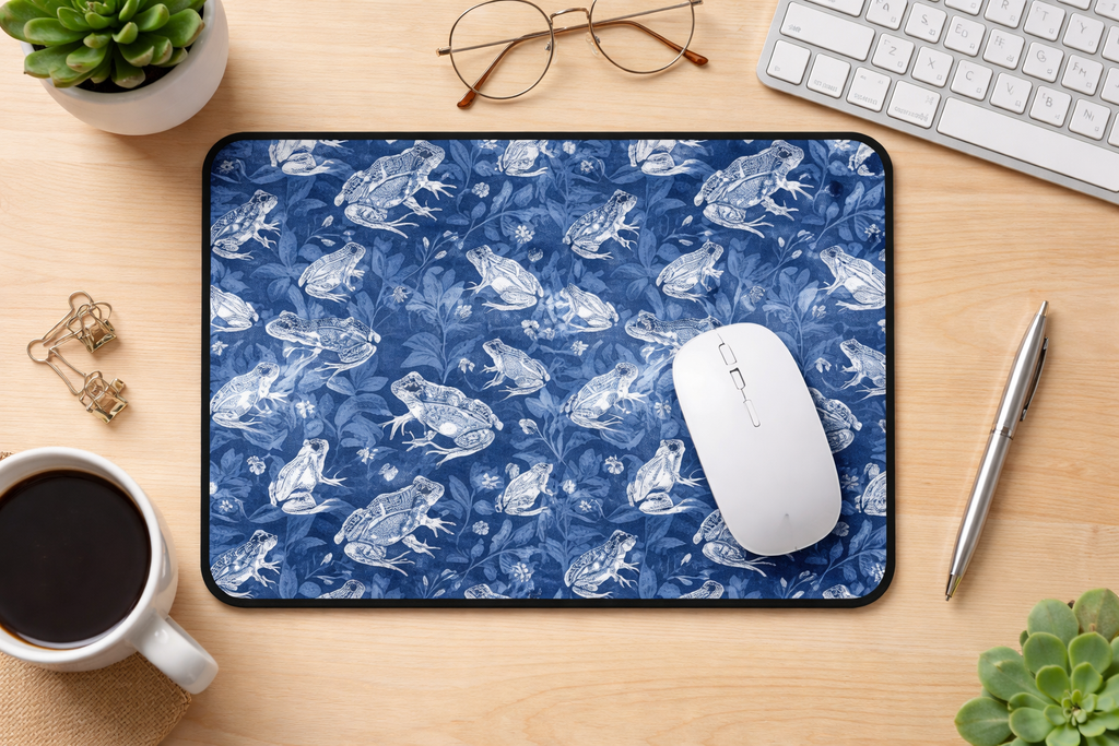 Blue Frog Pattern Desk Mat — Floral Amphibian Mouse Pad Desk Mat