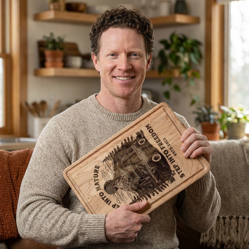 Engraved Wood Cutting Board — 'Step Into Nature' Bear & Canoe Design